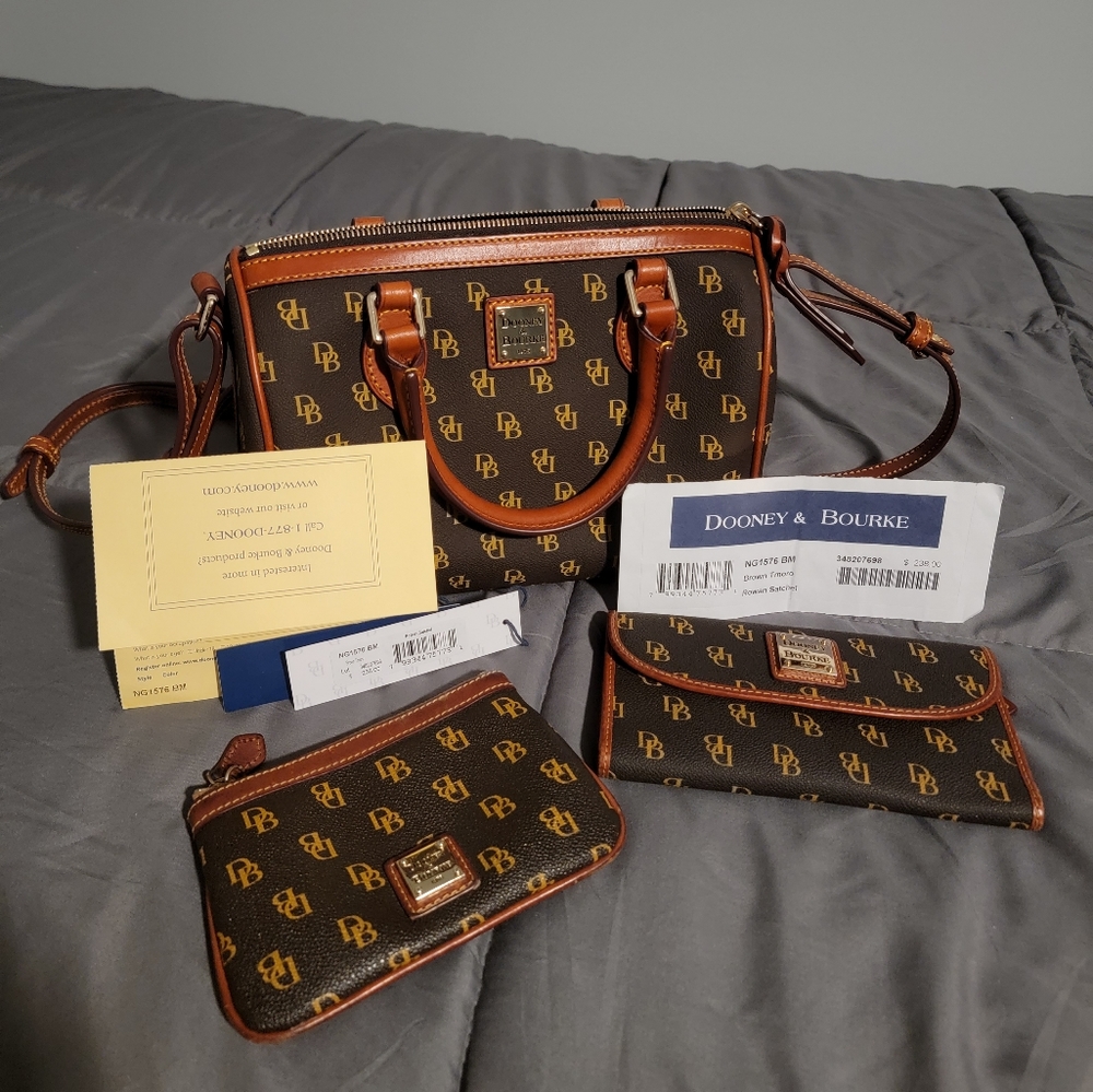 Dooney & Bourke Rowan Satchel in Gretta with matching wallet and medium pouch.